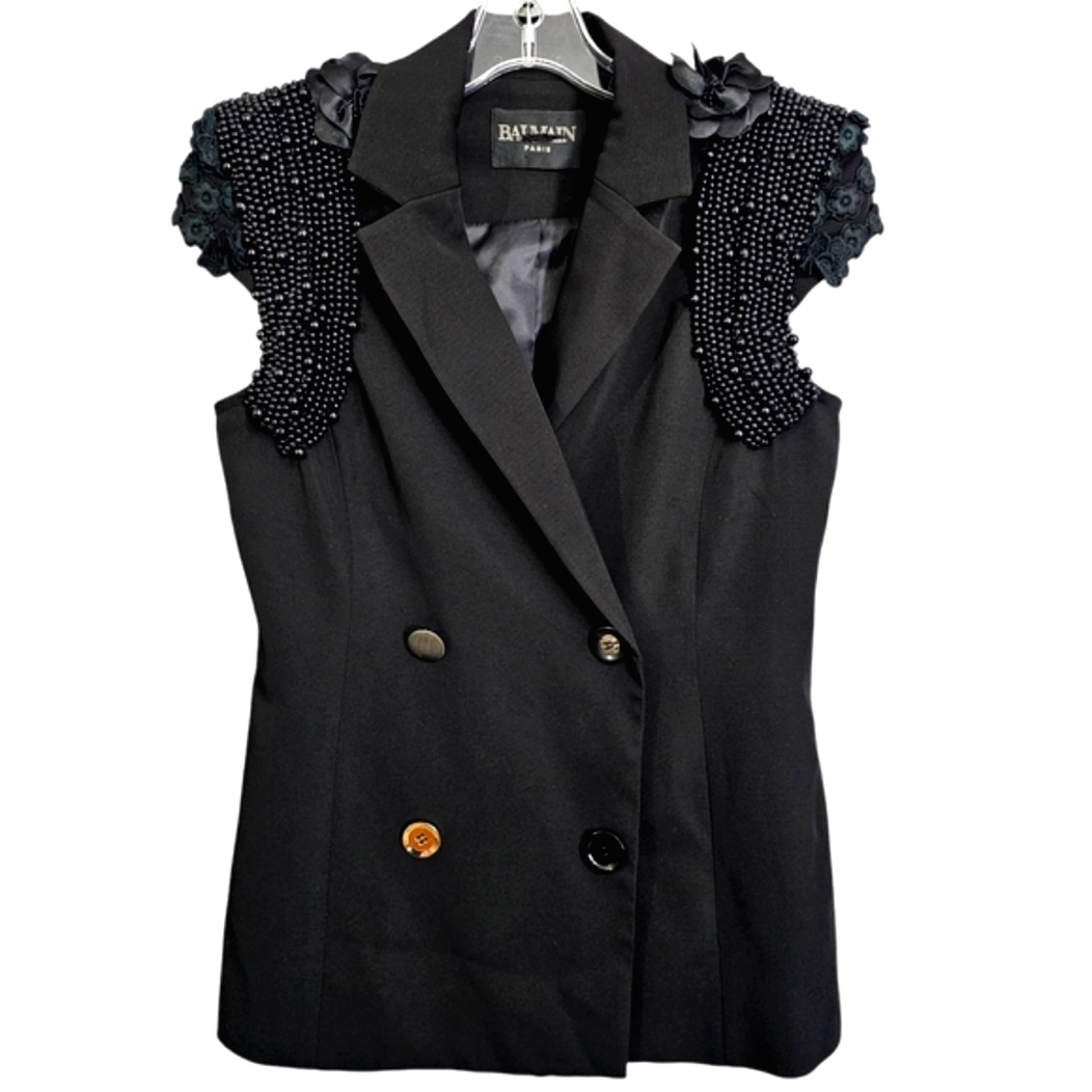 Balmain Paris Nwot Black Pearl Cap Sleeve Double-breasted Vneck Collared Blazer